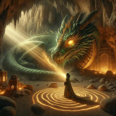 The primary subject of the image is a dragon, which is the main object, scene, or focus of the image. The dragon is depicted in a cave, surrounded by rocks and a stone circle. The setting is a dark, underground environment, with the dragon appearing to be a digital art or illustration. The colors and mood of the image are dark and mysterious, with the dragon being the central point of interest.